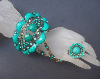 Unique Jeweled Harem Cuff Bracelet with Attached Ring