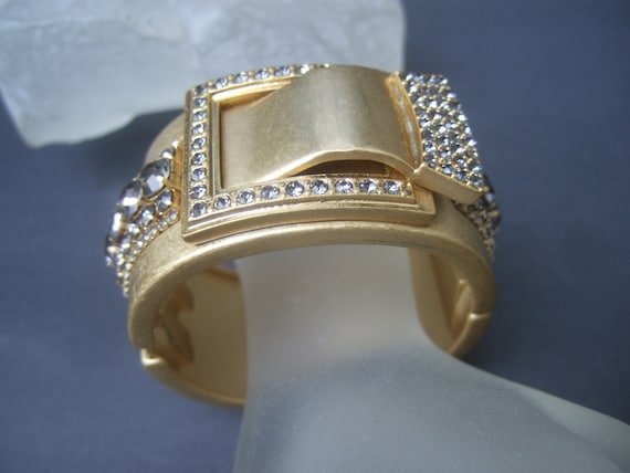 Elegant Crystal Wide Gilt Matte Metal Hinged Cuff… - image 10
