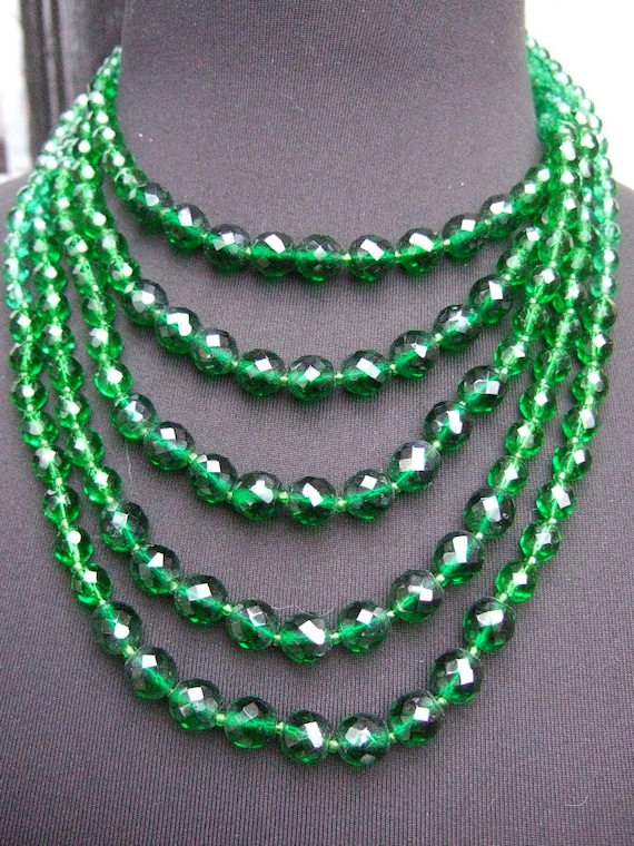Elegant Multi Strand Emerald Crystal Necklace c 1… - image 1