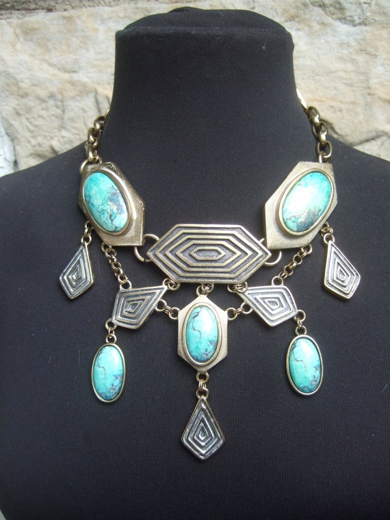 Massive Gilt Metal Lucite Stone Statement Necklace