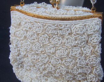 Elegant Glass Beaded Seed Pearl Handbag c 1970