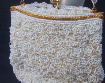 Elegant Glass Beaded Seed Pearl Handbag c 1970