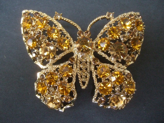 Glittering Golden Yellow Crystal Butterfly Brooch… - image 1