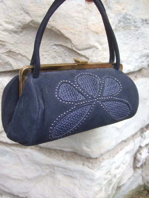 1960s Black Suede Beaded Trim Diminutive Handbag - image 2