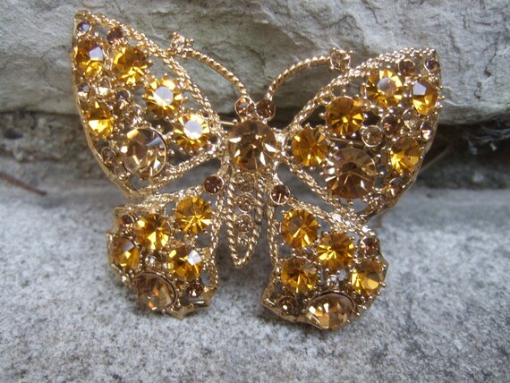 Glittering Golden Yellow Crystal Butterfly Brooch… - image 3