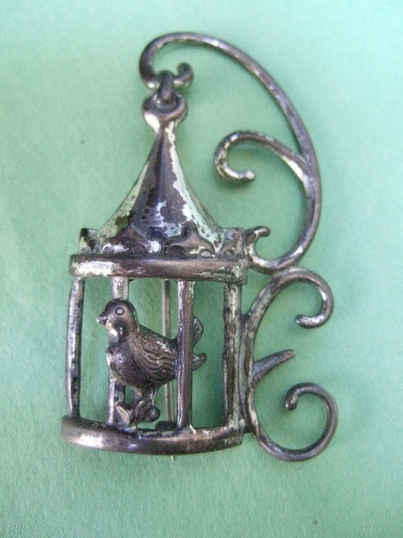 Sterling Whimsical Bird Cage Brooch c 1950