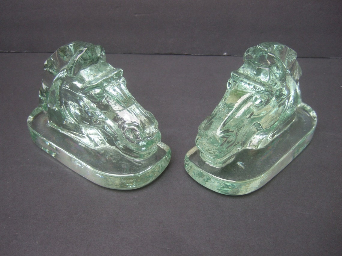 Heavy Glass Horse Head Bookends C 1950 Etsy