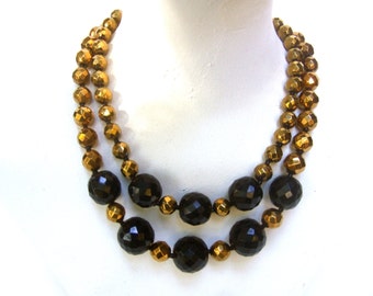 Chic Black & Gold Beaded Necklace c 1970