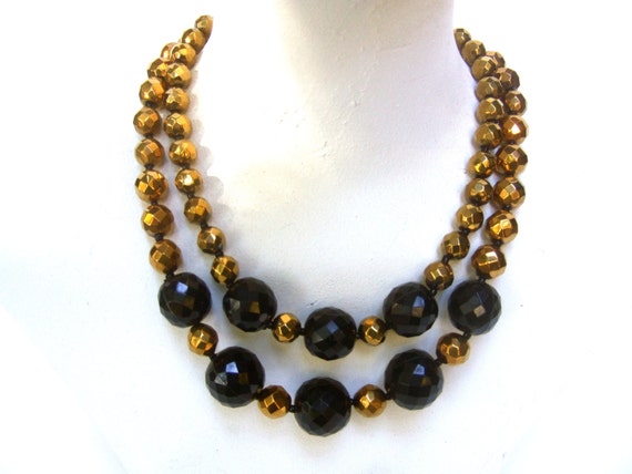 Chic Black & Gold Beaded Necklace c 1970 - image 1