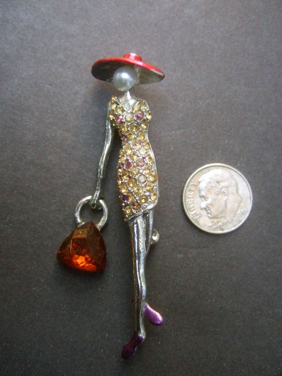 Unique Crystal Figural Red Hat Lady Brooch - image 4