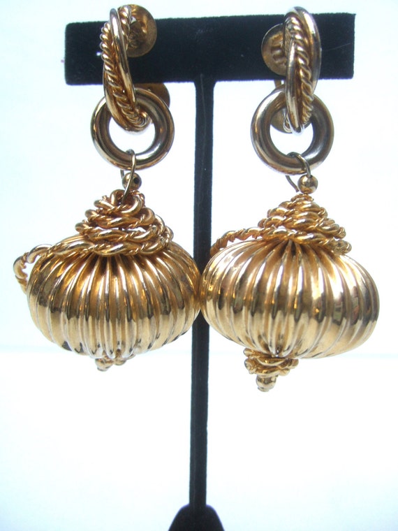 Large Gilt Metal Dangling Orb Clip on Earrings