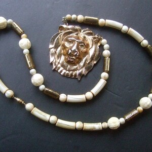 Long Dramatic Gilt Lion Pendant Necklace c 1980s image 6