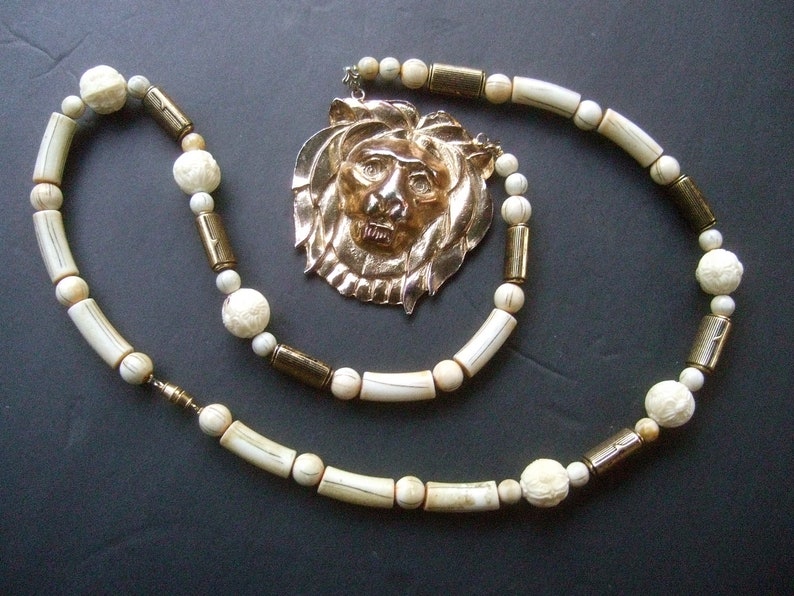 Long Dramatic Gilt Lion Pendant Necklace c 1980s image 6