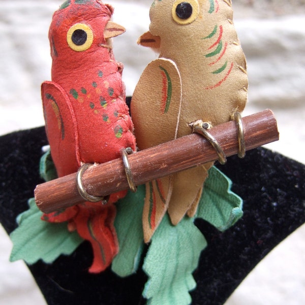 1950s Leather Pair of Birds Brooch