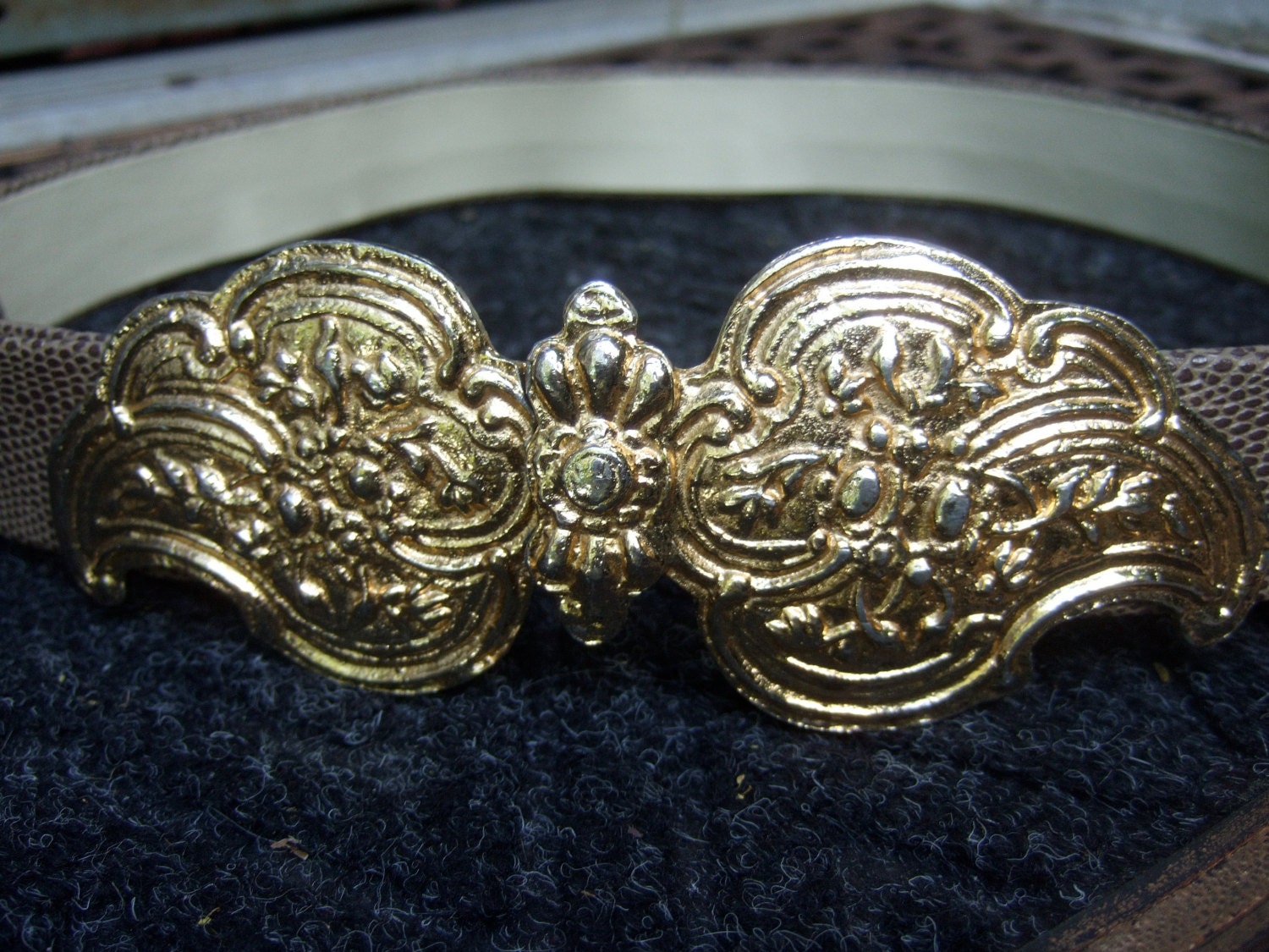 Ornate Gold Buckle Embossed Brown Leather Belt C 1980 - Etsy display picture 1