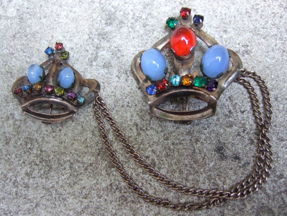 Sterling Cabochon Jeweled Crown Brooches c 1950