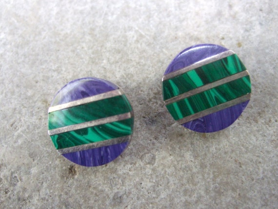 Mexican Sterling Malachite Violet Stone Clip Earr… - image 1