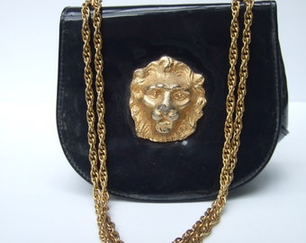 Stylish Small Dark Blue Patent Vinyl Lion Emblem Handbag c 1970s