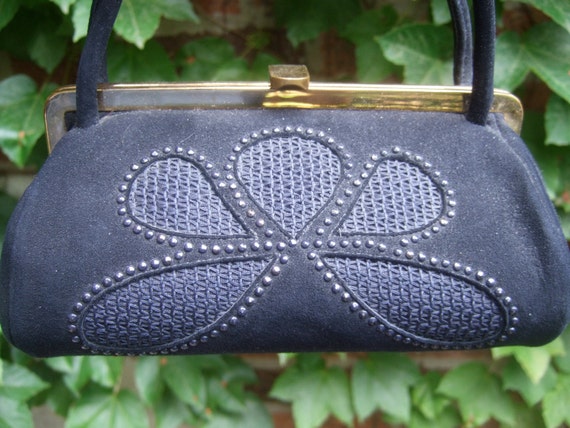 1960s Black Suede Beaded Trim Diminutive Handbag - image 1