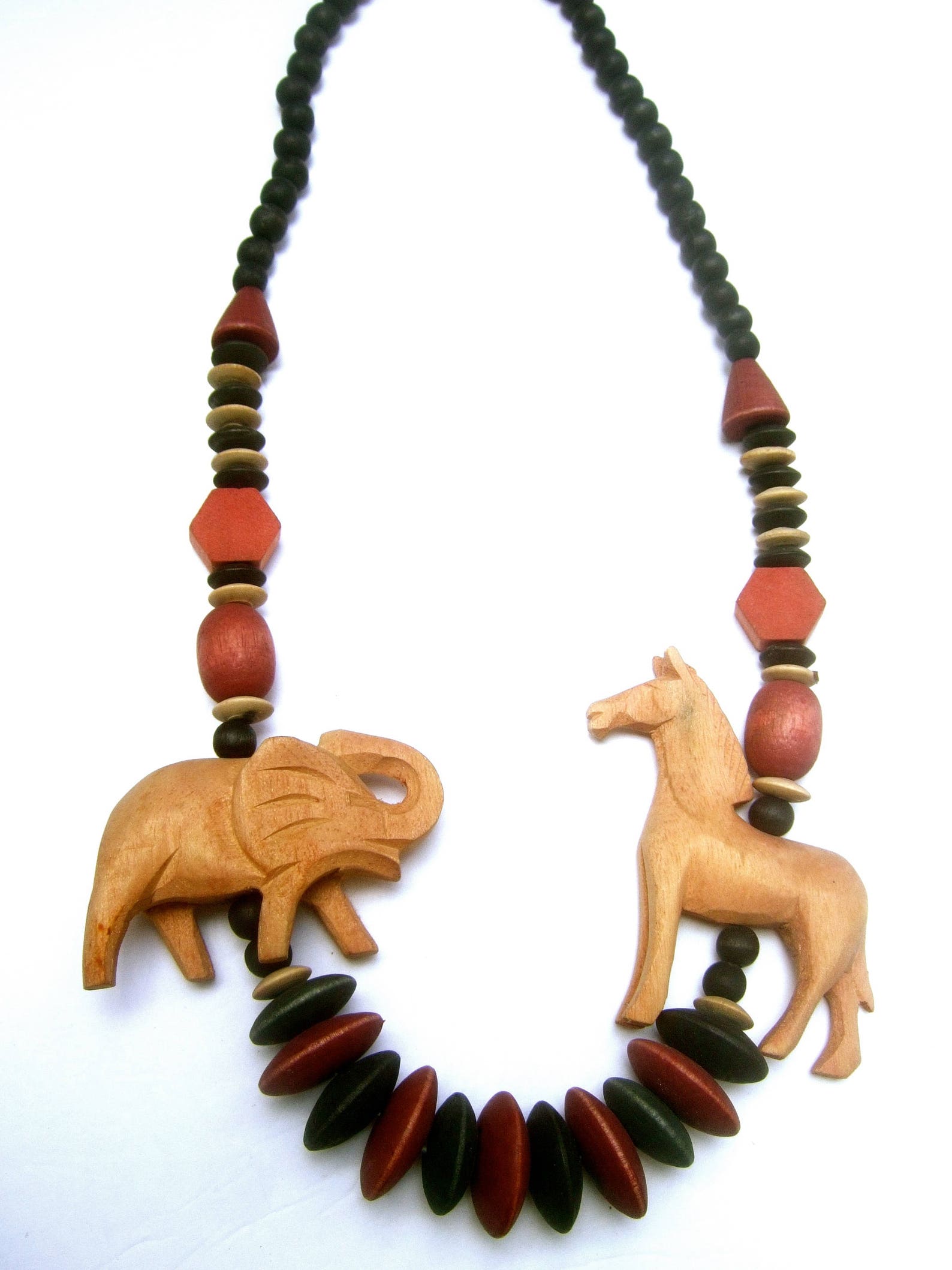 Long Wood Bead Necklace And Earring Set With Animal Print In Grey/ 80cm L | UK