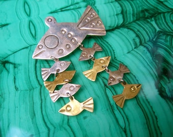 Unique Sterling & Brass Metal Artisan Fish Brooch