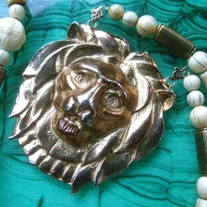 Long Dramatic Gilt Lion Pendant Necklace c 1980s image 3