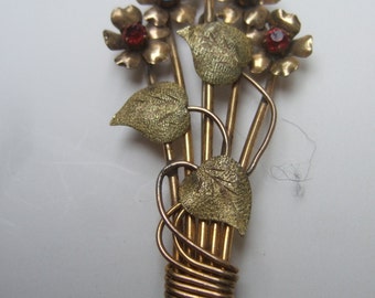 Broche Florale Ancienne Usner En Métal Doré Et Cristal - Occasion Bel état - Bijou Vintage