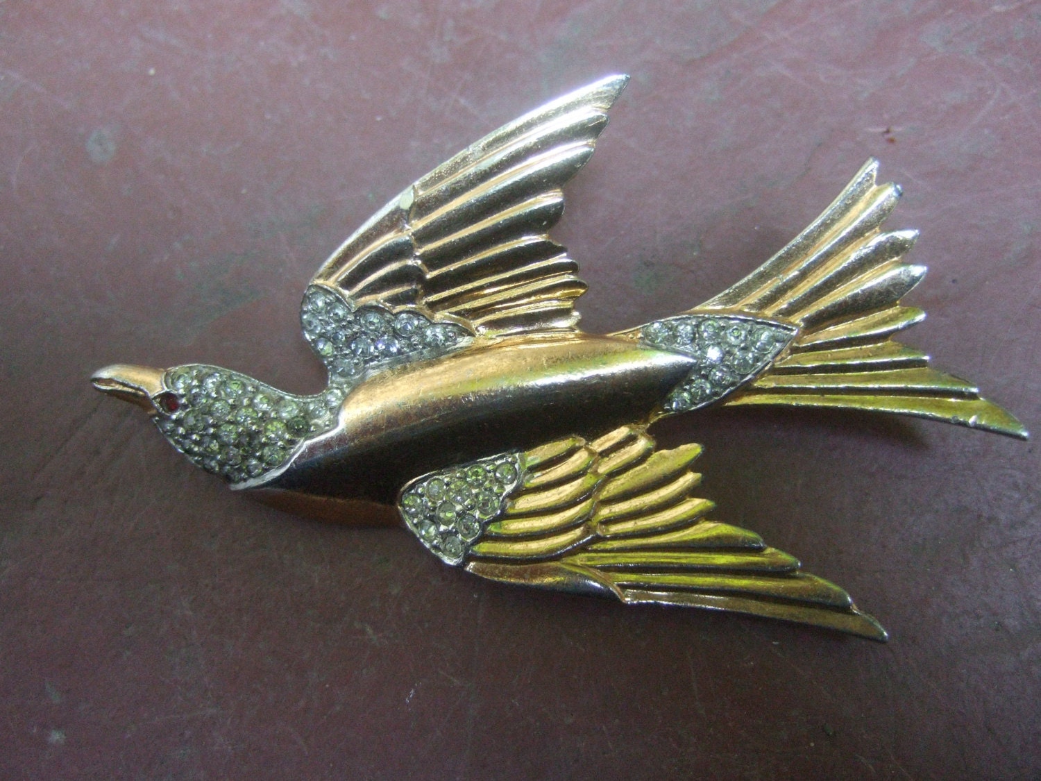 Broche Ancienne Vintage En Métal Doré - Oiseau Style Art Nouveau, Bijou Rétro