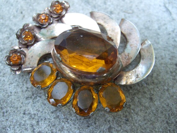 Opulent Amber Crystal Jeweled Brooch c 1950 - image 2