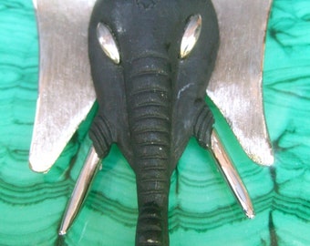 MASSIVE Ebony Resin Silver Metal Elephant Pendant Necklace c 1970