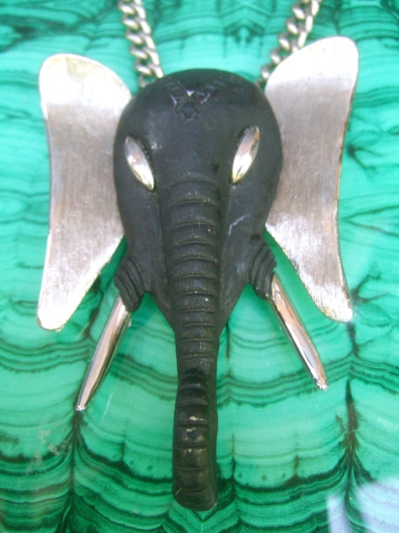 MASSIVE Ebony Resin Silver Metal Elephant Pendant… - image 1