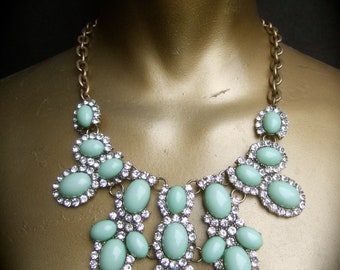 Striking Opulent Pale Green Resin Cabochon Diamante Crystal Statement Necklace