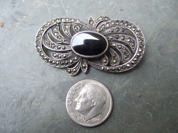 Sterling Marcasite Jet Stone Brooch - image 2