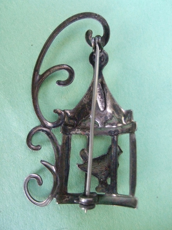 Sterling Whimsical Bird Cage Brooch c 1950 - image 4