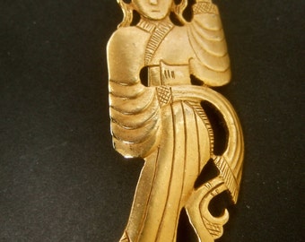 Exotic Brass Metal Figural Woman Brooch