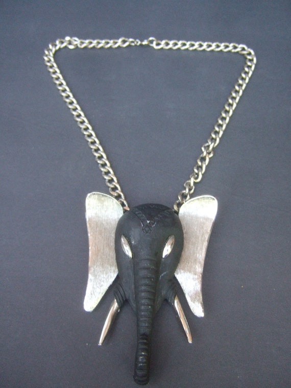 MASSIVE Ebony Resin Silver Metal Elephant Pendant… - image 2
