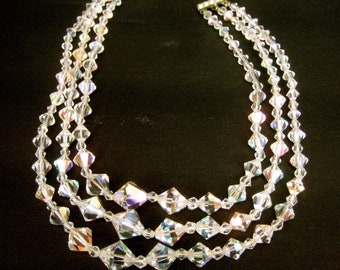 Glittering Crystal Triple Strand Graduated Necklace c 1960