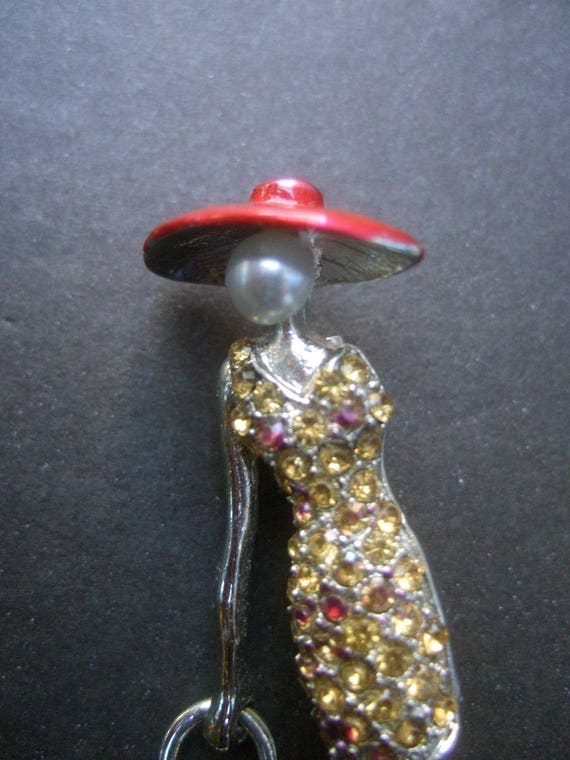 Unique Crystal Figural Red Hat Lady Brooch - image 2