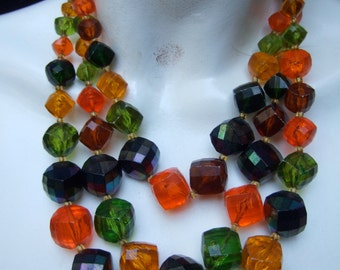 Stylish Beaded Acrylic Triple Strand Necklace c 1960