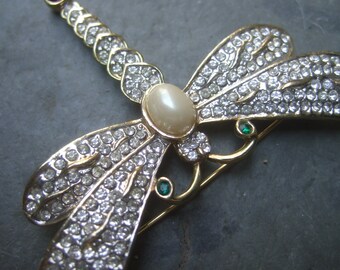 Opulent Crystal Jeweled Large Scale Dragonfly Brooch c 1980s