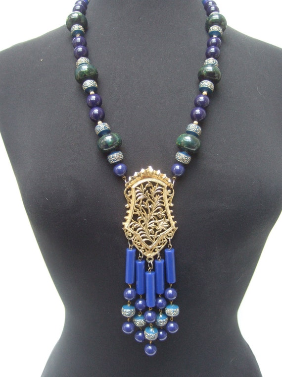 Massive Blue & Green Beaded Statement Necklace