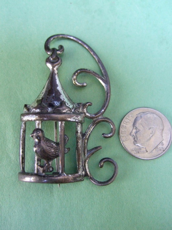 Sterling Whimsical Bird Cage Brooch c 1950 - image 2