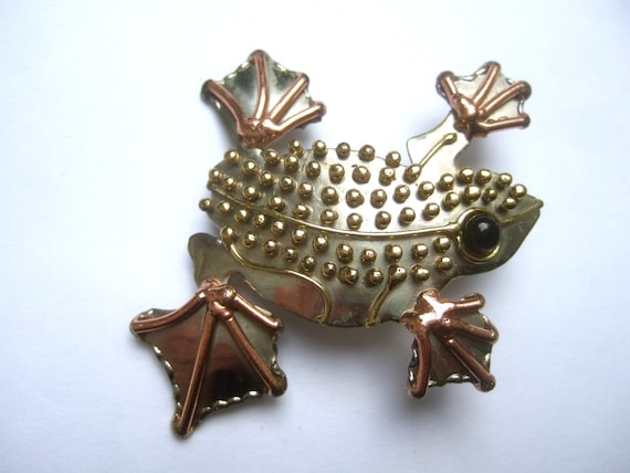 Unique Artisan Mixed Metal Frog Brooch - image 1