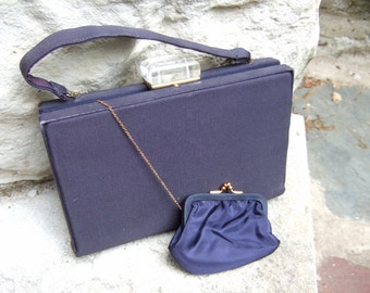 1950s Lucite Clasp Midnight Blue Cloth Handbag