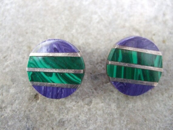 Mexican Sterling Malachite Violet Stone Clip Earr… - image 4