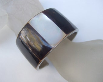 Exotic Mother of Pearl & Antler Inlay Tile Cuff Bracelet