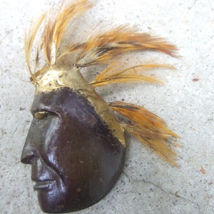 Exotic Wood Handmade Tribal Head Feather Brooch