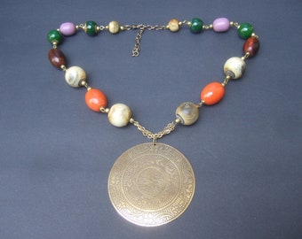 Exotic Wood Brass Medallion Necklace