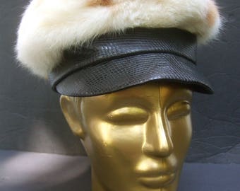 Mod Fluffy White & Brown Rabbit Fur Cap c 1970s