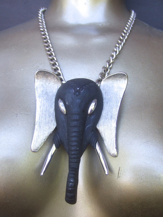 MASSIVE Ebony Resin Silver Metal Elephant Pendant… - image 5